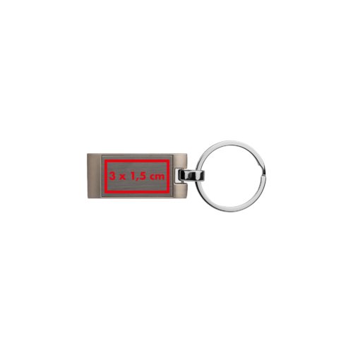 Metal keychain with rectangular shape and ring.