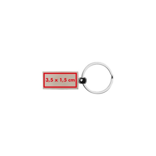 Metal keychain in a rectangular shape.