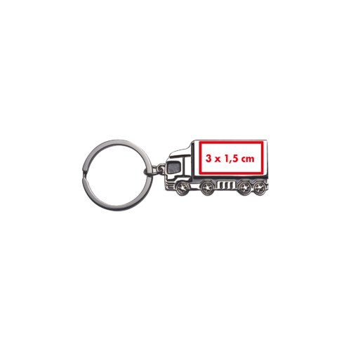 Metal keychain in the shape of a truck with key ring.