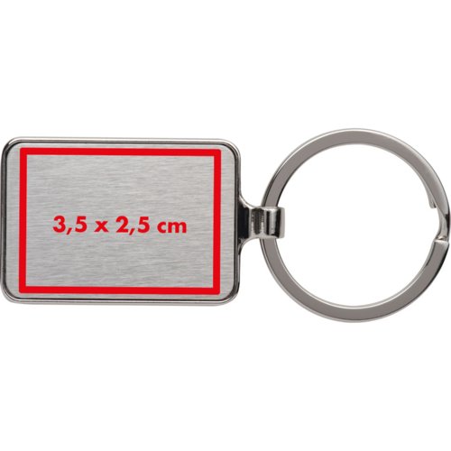 Metal keychain with rectangular shape and keyring.