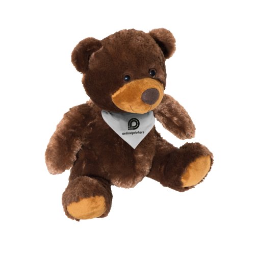 Brown plush teddy bear with scarf.