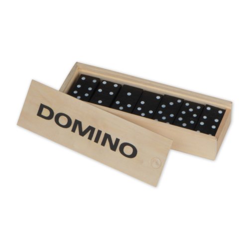 Wooden domino game in wooden box with sliding lid.