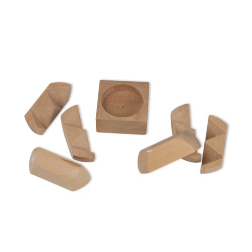 Beige wooden puzzle game with multiple parts.