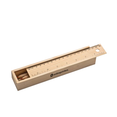 Brown wooden drawing set with ruler and pencils.
