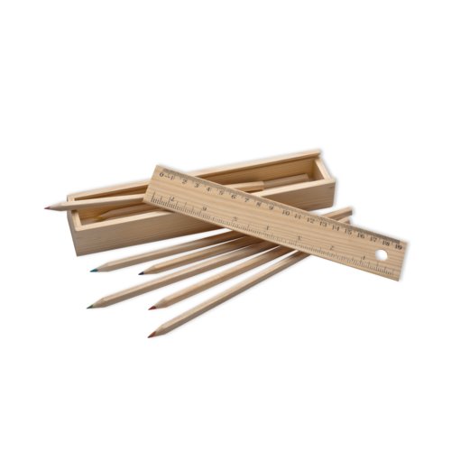 Wooden drawing set with colored pencils, ruler and sliding lid box.