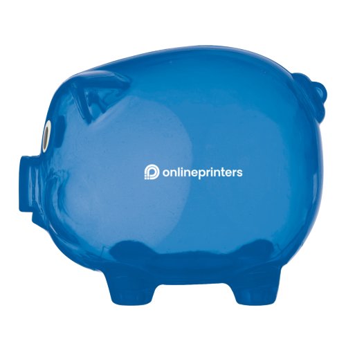 Blue plastic piggy bank shaped like a pig.