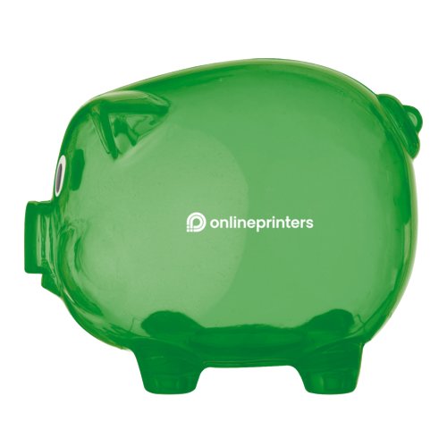 Green plastic piggy bank with a slot.