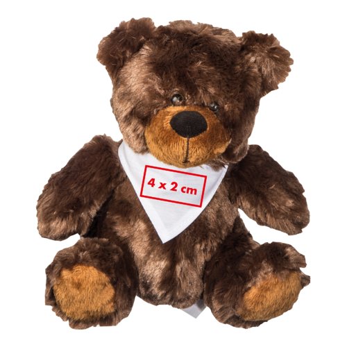 Brown plush teddy bear with scarf.