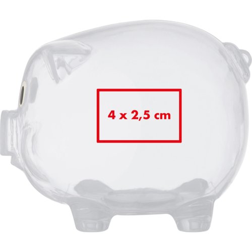 Transparent plastic piggy bank with coin slot.