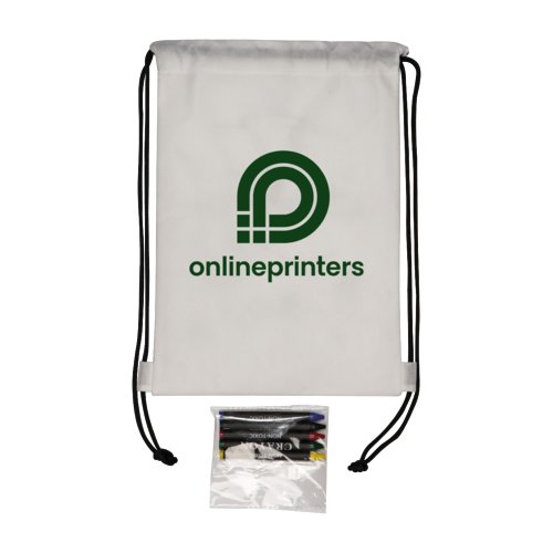 White non-woven fabric sports bag with drawstring.