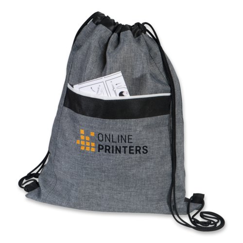 Anthracite polyester drawstring sports bag with front pocket.