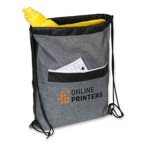 Gray drawstring sports bag with front pocket.