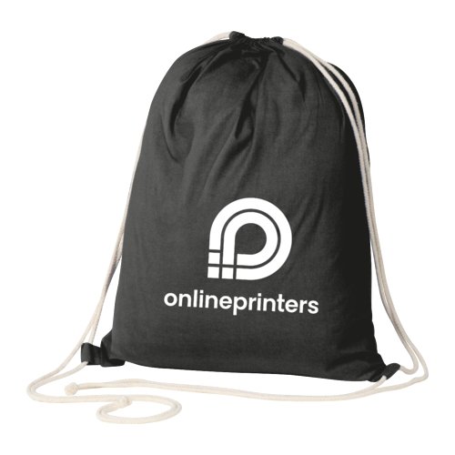 Black cotton gym bag with drawstring.