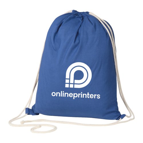 Blue cotton gym bag with drawstring.