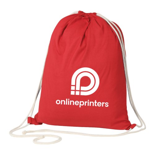 Red cotton gym bag with drawstring.