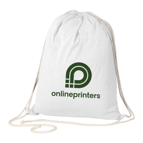 White cotton gym bag with drawstring.