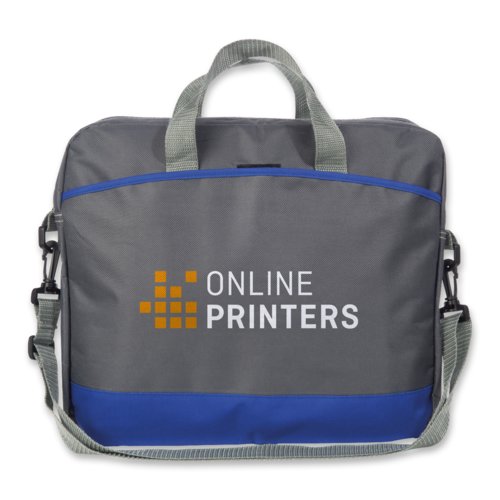 Blue polyester laptop bag with carrying handles and shoulder strap.