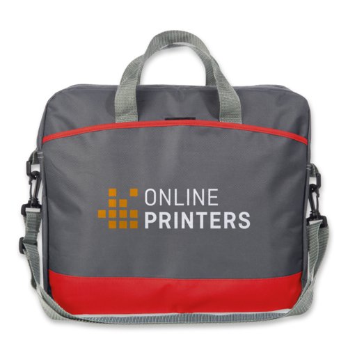 Red synthetic laptop bag with handles and shoulder strap.