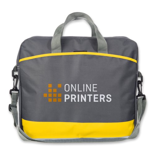 Yellow fabric laptop bag with handles and shoulder strap.