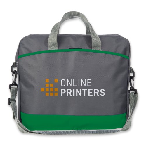 Green fabric laptop bag with carrying handles and shoulder strap.