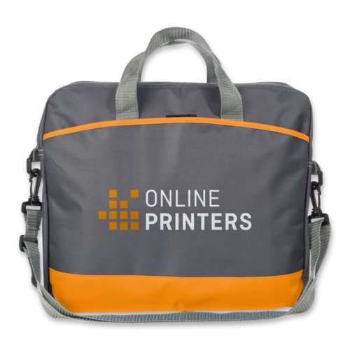 Orange laptop bag with carrying handles and shoulder strap.
