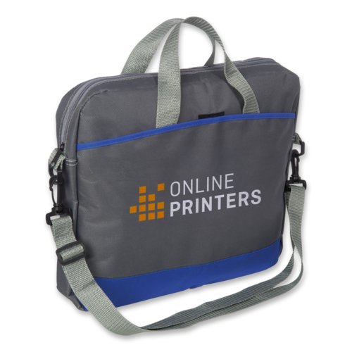 Gray fabric laptop bag with zipper and carrying handles.