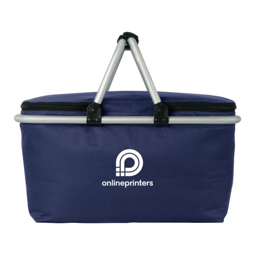 Dark blue shopping basket with cooling function and carrying handles.