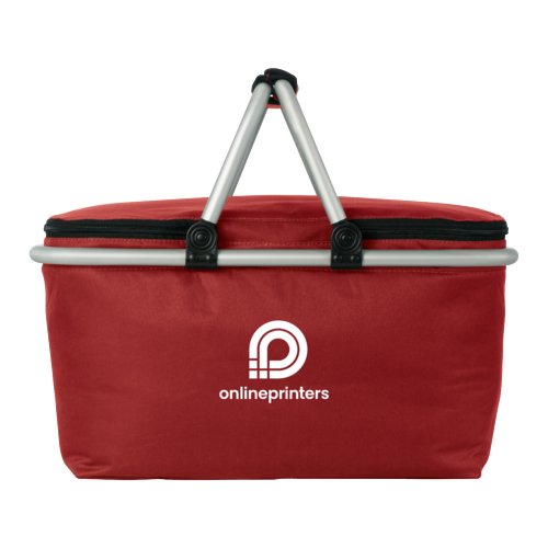 Red shopping basket with cooling function and carrying handles.
