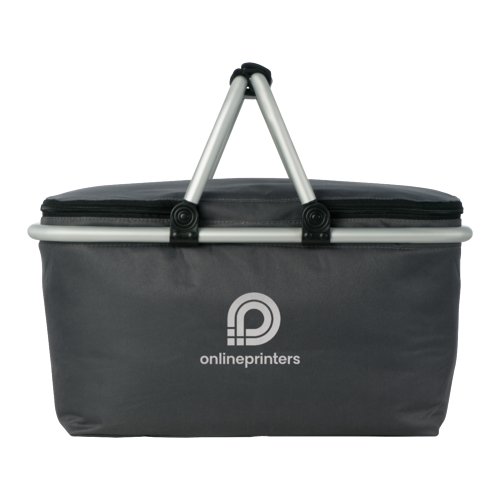 Gray shopping basket with cooling function and carrying handles.