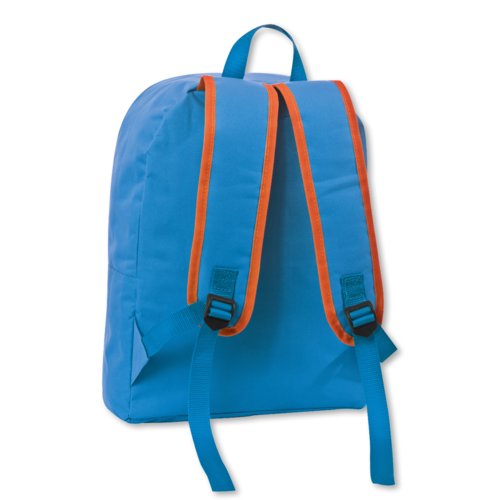 Turquoise fabric backpack with adjustable straps.