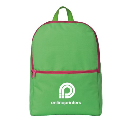 Green backpack with zipper and carrying loop.