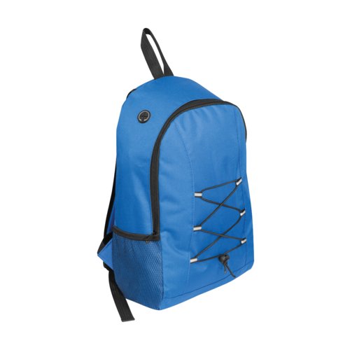 Blue rucksack with adjustable straps and elastic cords.