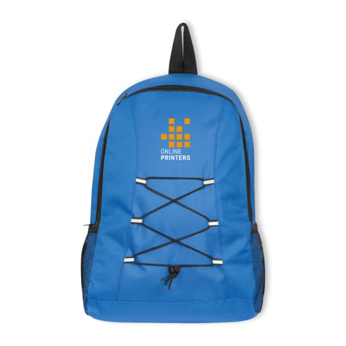 Blue fabric backpack with drawstring closure and mesh side pockets.