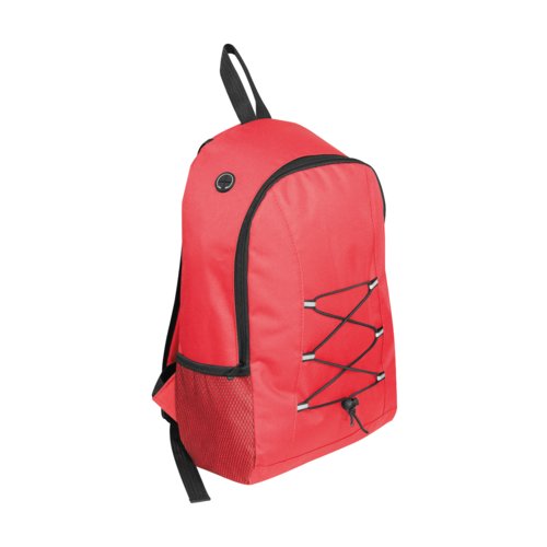 Red fabric rucksack with side pocket and drawstring.