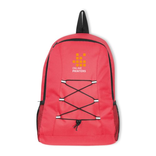 Red backpack with drawstring closure and outer pocket.