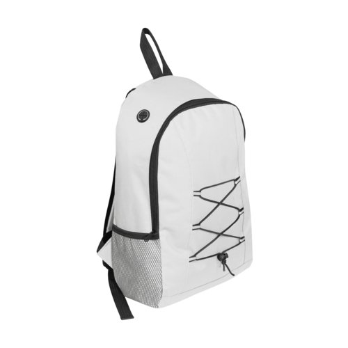 White rucksack with side pocket and elastic cord.