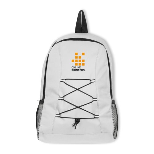 White polyester rucksack with drawstring and mesh side pockets.