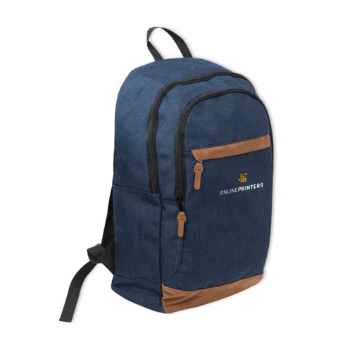 Blue fabric backpack with zipped compartments and adjustable straps.