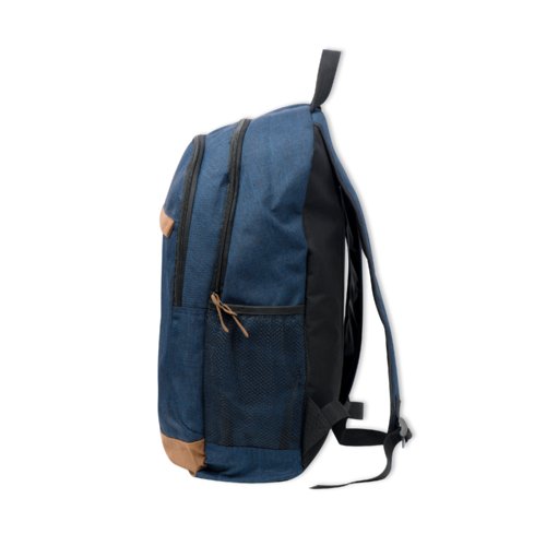 Dark blue fabric backpack with multiple compartments.