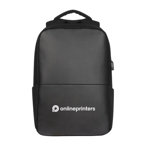 Black polyester backpack with USB port.