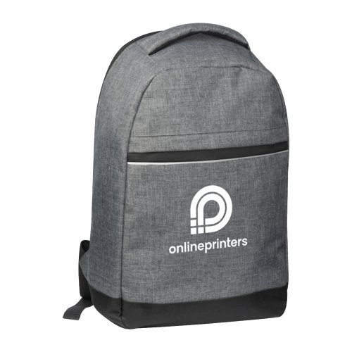 Gray laptop backpack with zippered compartment and carrying handle.