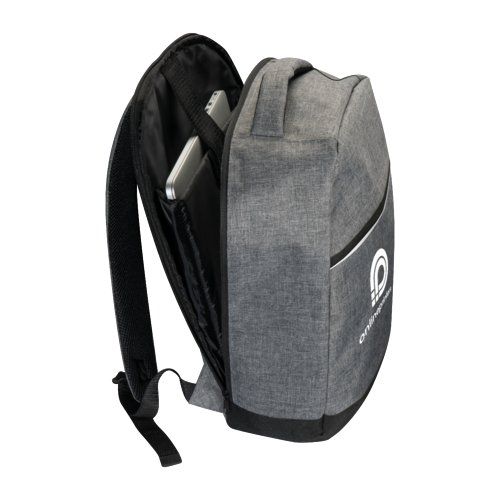 Gray fabric laptop backpack with adjustable straps.