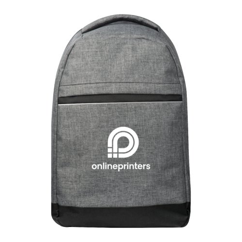 Gray fabric laptop backpack with zippered compartment.