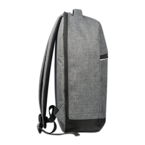 Gray fabric laptop backpack with zipper.