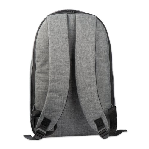 Grey fabric backpack with zipper and adjustable straps.