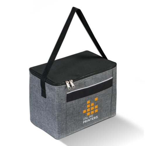 Anthracite fabric cooler bag with zipper and carrying handle.