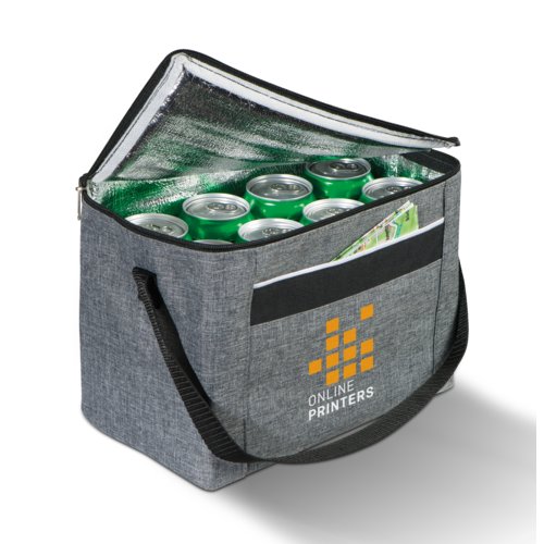 Gray polyester cooler bag with zipper and carrying handles.