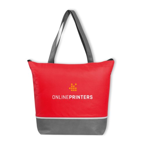 Red non-woven cooler bag with zipper and carrying handles.