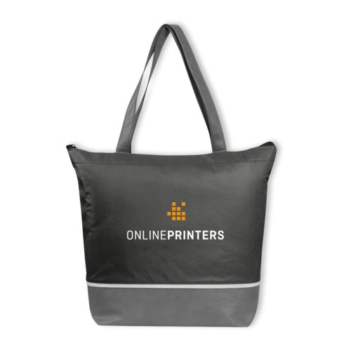 Gray non-woven cooler bag with zipper.