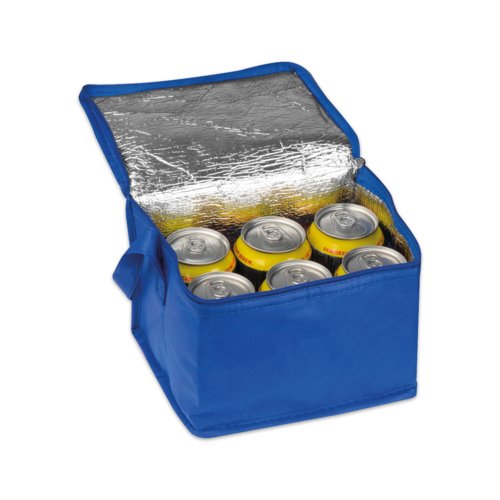 Blue non-woven cooler bag with carrying handles and zipper.